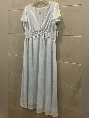 A New Day Light Blue Flowy Maxi Empire Dress with Flutter Sleeves NWT Large
